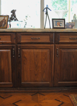 solid wood walnut cabinets with marble counter